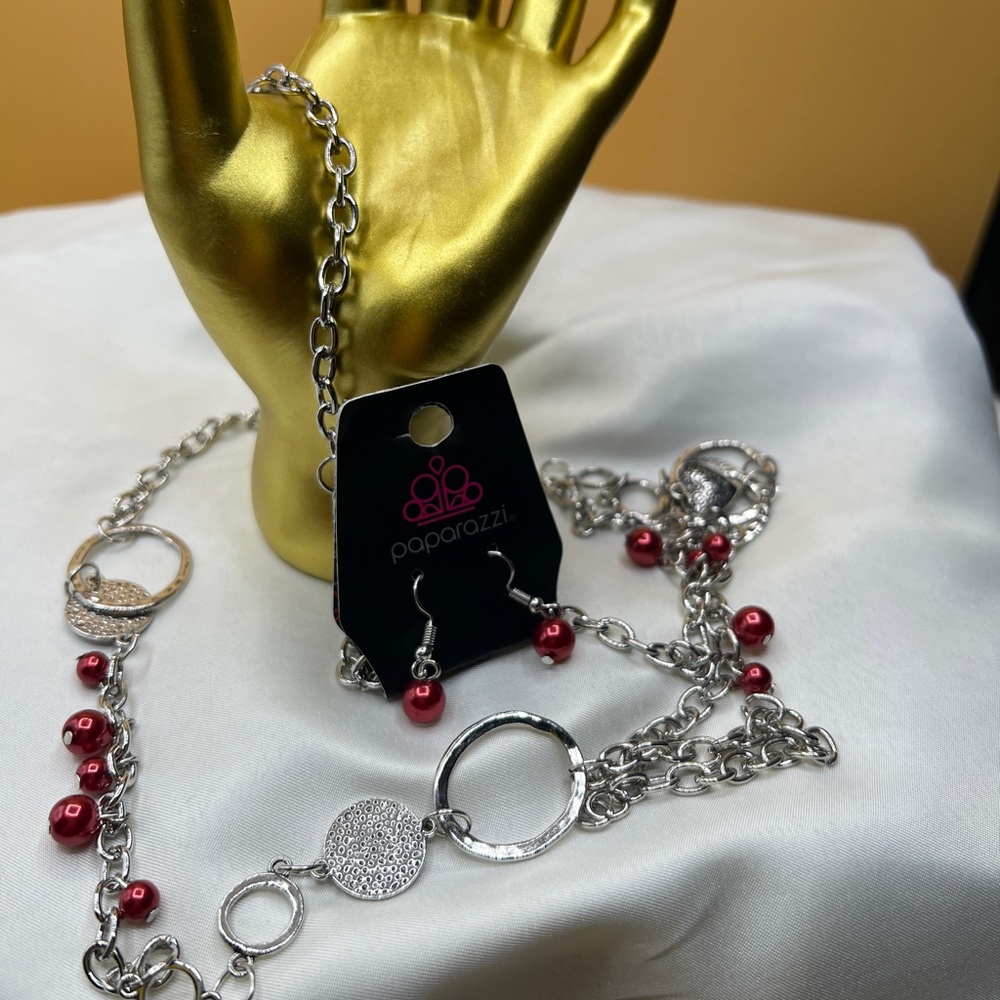 Paparazzi Silver and Red Beaded Necklace Set